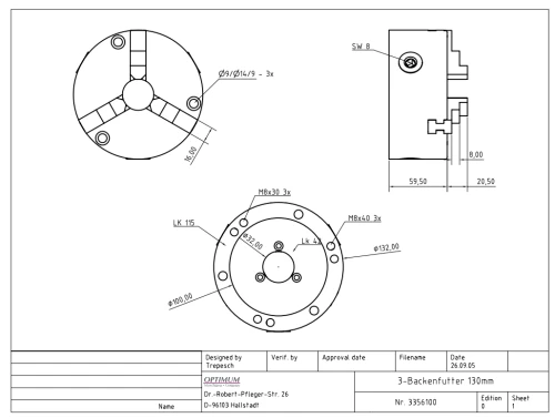 Optimum - Uchwyt trójszczękowy Ø 130 mm centryczny do RT 150 i TA 125
