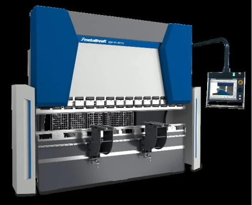 SERIA GBP DS 30175 PRASA KRAWĘDZIOWA STEROWANA CNC W 4 OSIACH (Y1, Y2, X, R). STEROWANIE CNC - CYBTOUCH 15. AUTOMATYCZNA KOMPENSACJA UGIĘCIA STOŁU. NARZĘDZIA GÓRNE MOCOWANE ZA POMOCĄ SZYBKIEGO ZACISKU. METALLKRAFT